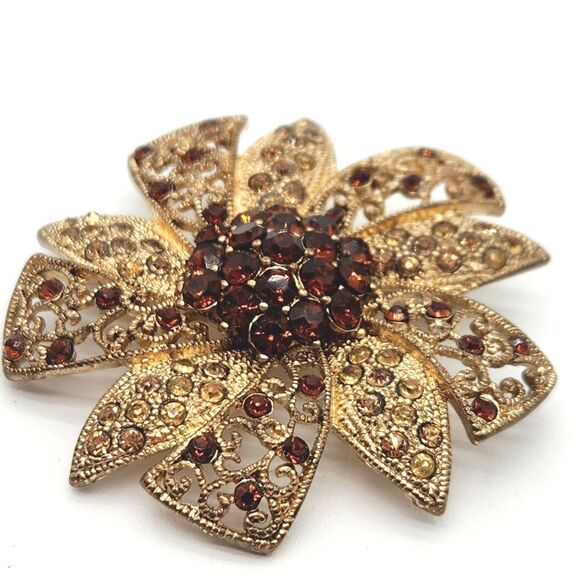 Vintage Filigree Brooch 2" Amber & Champagne Rhinestone Floral Open Scrollwork - Picture 3 of 9